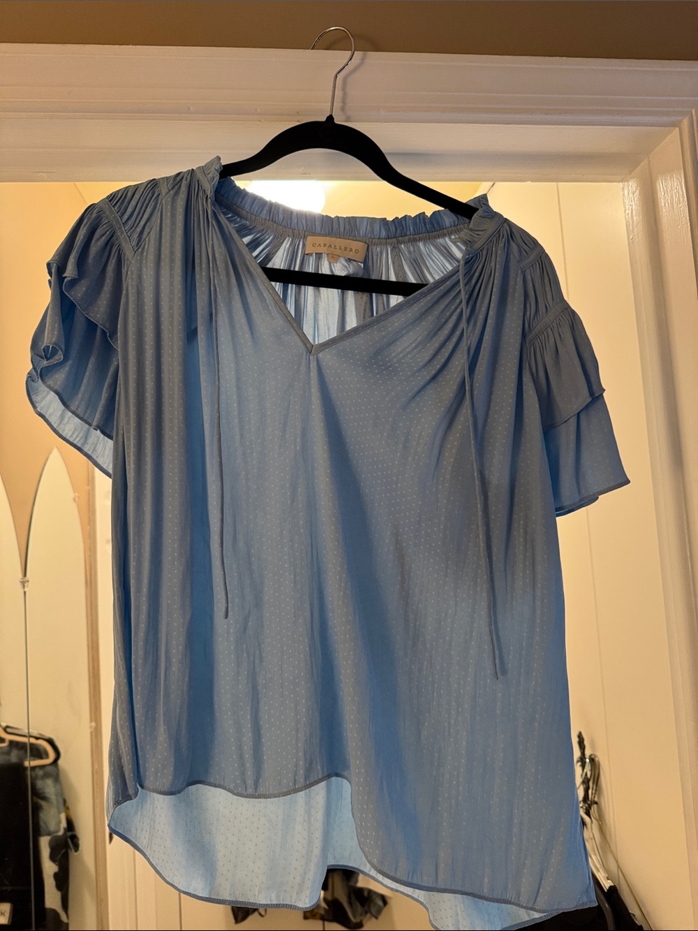 Light Blue Cap Sleeve Tie-Neck Blouse